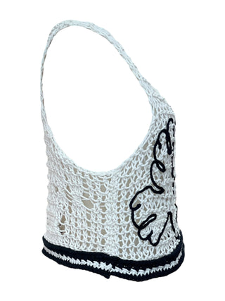 Chanel Crochet Knit Bralette in Black & White with Dove Embroidery