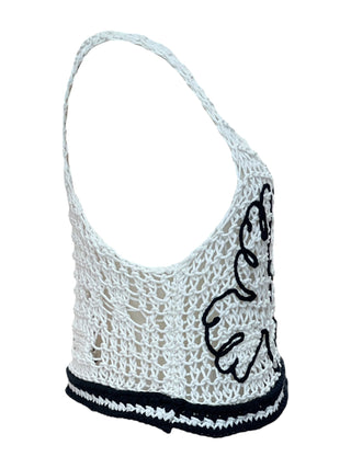 Chanel Crochet Knit Bralette in Black & White with Dove Embroidery