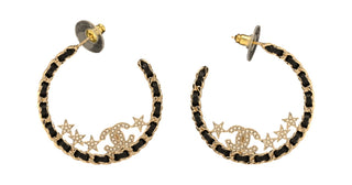 Chanel Black Lambskin Crystal CC Star Chain Hoop Earrings