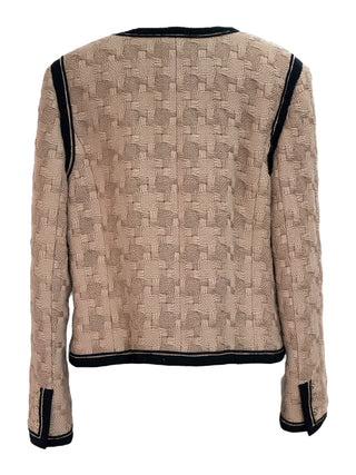 Chanel Beige Woven Tweed Jacket with Black Trim & Logo Buttons