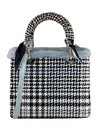 Christian Dior Mint Green Tweed Crocodile Mink Plaid Medium Lady Dior Bag