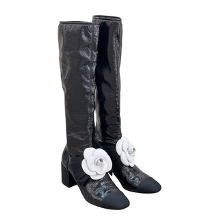 Chanel Black Patent Knee-High Boots with White Camellia Flowers