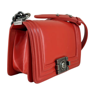 Chanel Red Glazed Calfskin Small Boy Bag With Chanel Stitching In Ruthenium Hardware