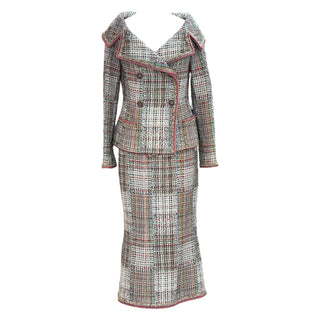 Chanel Cuba Collection Multicolor Tweed Wide V-Neck Jacket and Midi Skirt Set