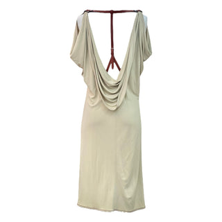 Hermes Beige Draped Back Dress with Brown Leather T-Strap Detail