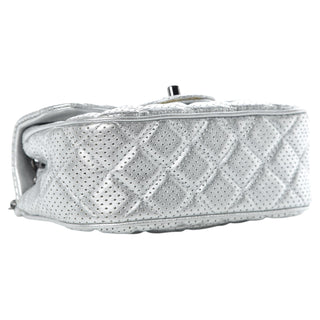 Chanel Silver Metallic Lambskin Perforated Mini Rectangular Flap Bag