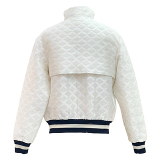 Chanel White Textured Diamond Quilted Bomber Jacket with Contrast Trim
