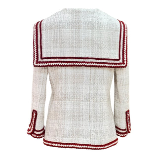 Chanel White Tweed Jacket With Burgundy Trim & Sailor Collar