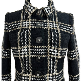 Chanel Black & Gold Check Tweed Jacket With Matching Scarf
