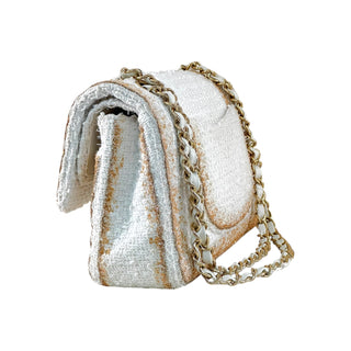 Chanel White Tweed Double Flap Bag With Gold Glitter Trim Detailing