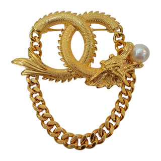 Chanel Gold Lunar New Year Dragon CC Chain Brooch With Pearl Detail