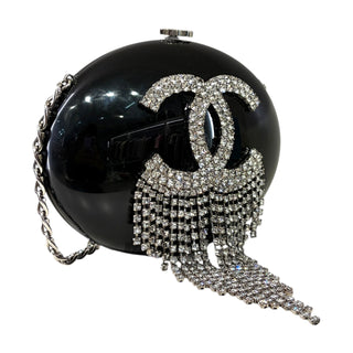 Chanel Black Resin Crystal Chain Fringe CC Oval Minaudière Bag
