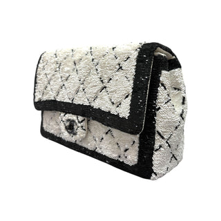Chanel Black & White Sequin Diamond-Pattern Medium Flap Bag With Black Hardware