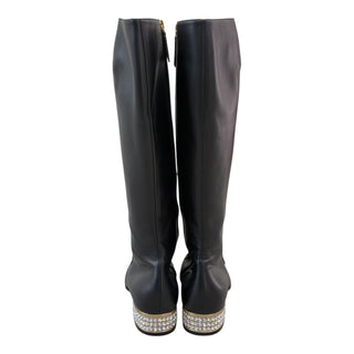 Gucci Black Leather Knee-High Boots with Horsebit & Crystal Block Heel