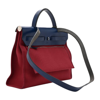 Hermès Herbag Zip 31 PM Toile & Vache Hunter Leather In Rouge Grenat & Bleu Saphir