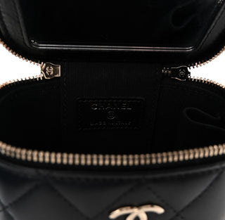 Chanel Black Lambskin Quilted Mini Vanity Case With Pearl Chain