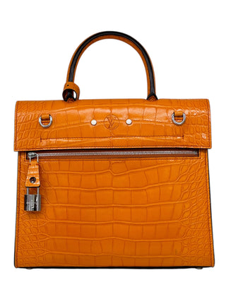 Louis Vuitton Orange Shiny Crocodile Top Handle Bag With Padlock Detail