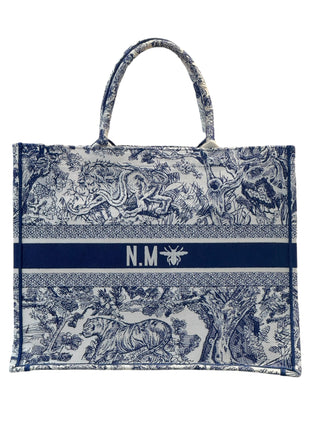 Christian Dior Large Ecru And Blue Toile De Jouy Embroidery Book Tote