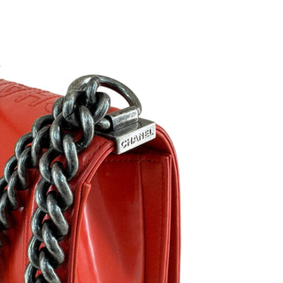 Chanel Red Glazed Calfskin Small Boy Bag With Chanel Stitching In Ruthenium Hardware