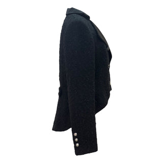 Chanel Black Textured Wool Cropped Jacket with Satin Lapel
