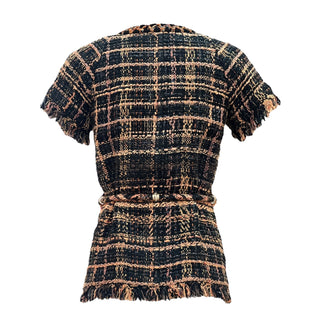 Chanel Black & Gold Tweed Short-Sleeve Belted Jacket with Fringe Trim