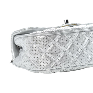 Chanel Silver Metallic Lambskin Perforated Mini Rectangular Flap Bag