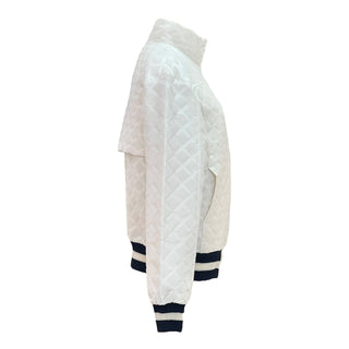 Chanel White Textured Diamond Quilted Bomber Jacket with Contrast Trim