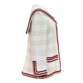 Chanel White Tweed Jacket With Burgundy Trim & Sailor Collar