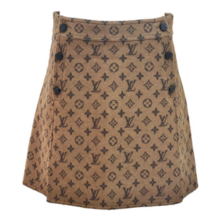 Louis Vuitton Brown Wool Monogram A-Line Skirt with Button Detailing