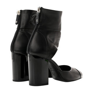 Chanel Black Lambskin CC Cut Out Ankle Boots With Block Heel