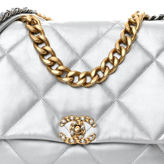 Chanel Silver Metallic Goatskin Quilted Maxi Chanel 19 Flap Bag