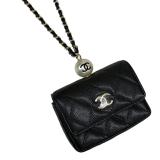 Chanel Black Pearl Crush Caviar Mini Flap Coin Purse On Chain