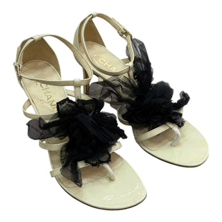 Chanel Beige Patent Leather Sandals with Black Tulle Camellia