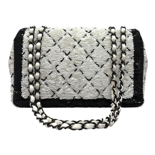 Chanel Black & White Sequin Diamond-Pattern Medium Flap Bag With Black Hardware