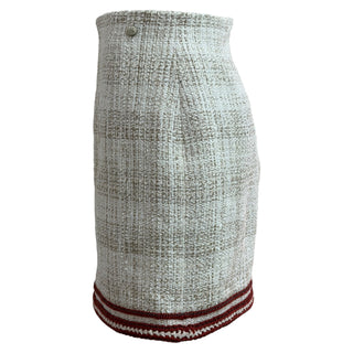Chanel White Tweed Sailor Collar Burgundy Trim Jacket And Skirt Set