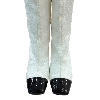Chanel White Glitter Knee-High Boots with Black Patent Toe & Block Heel