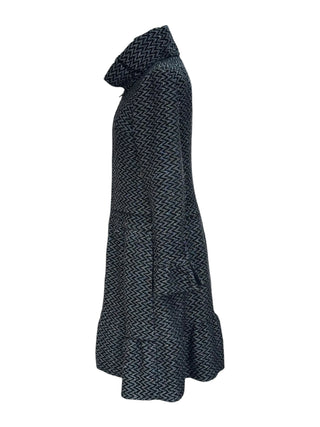 Chanel Black & Silver Chevron Knit Ruffle Hem Coat With High Collar