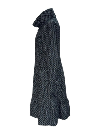 Chanel Black & Silver Chevron Knit Ruffle Hem Coat With High Collar