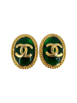 Chanel Gold & Green Vintage Oval Gripoix CC Clip-On Earrings