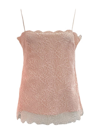 Chanel Pink Lace Cami With Back Pearl Closure And Scallop Trim