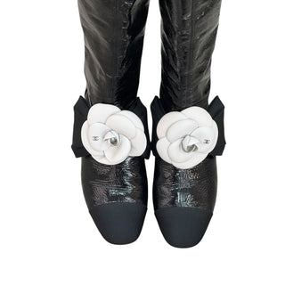Chanel Black Patent Knee-High Boots with White Camellia Flowers