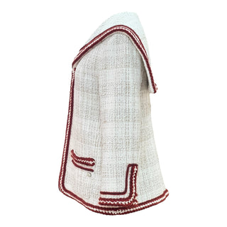 Chanel White Tweed Jacket With Burgundy Trim & Sailor Collar