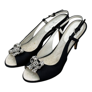 Chanel Black Satin Crystal Bow Slingback Heels