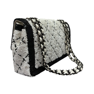 Chanel Black & White Sequin Diamond-Pattern Medium Flap Bag With Black Hardware