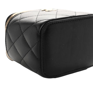 Chanel Black Lambskin Quilted Mini Vanity Case With Pearl Chain