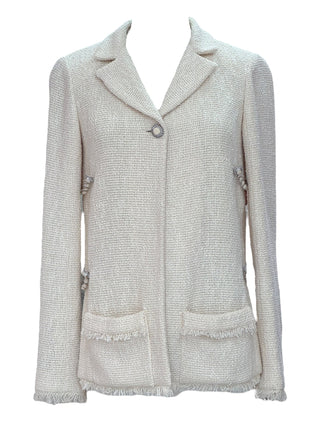 Chanel Ivory Bouclé Tweed Jacket with Crystal Button & Chain Trim Detail