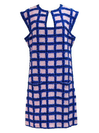 Chanel Textured Grid Shift Dress In Pink And Blue With Keyhole Neckline