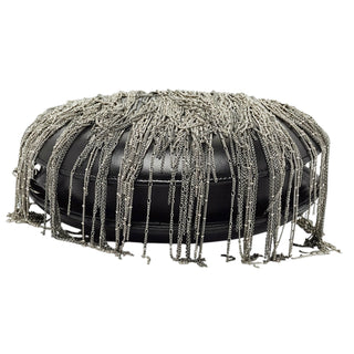 Chanel Black Leather Metal Fringe Round Chain Clutch
