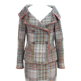 Chanel Cuba Collection Multicolor Tweed Wide V-Neck Jacket and Midi Skirt Set