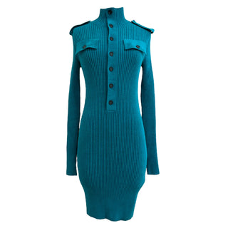 Bottega Veneta Teal Ribbed Knit Button Dress